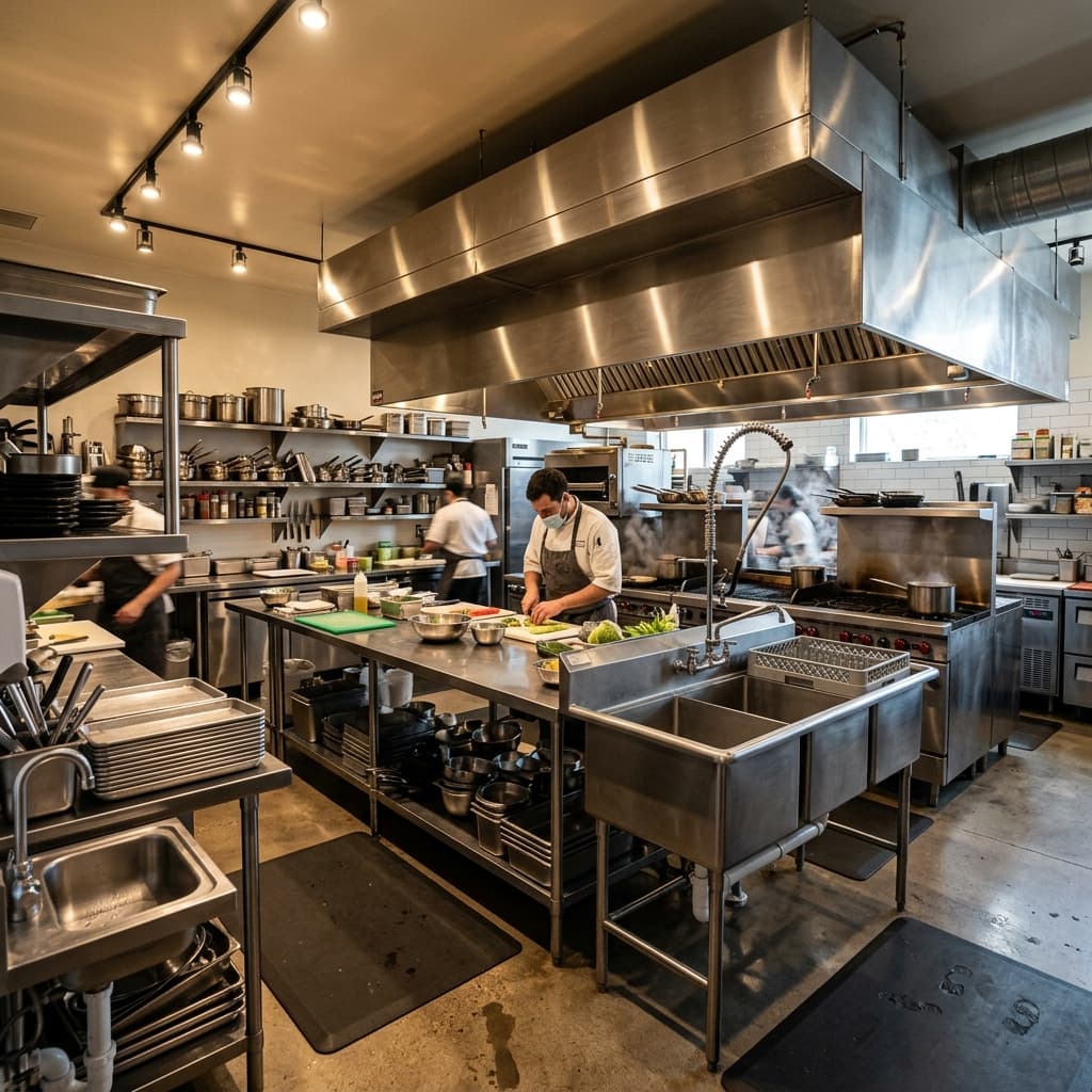 Custom stainless steel commercial kitchen prep table with sink in Faisalabad