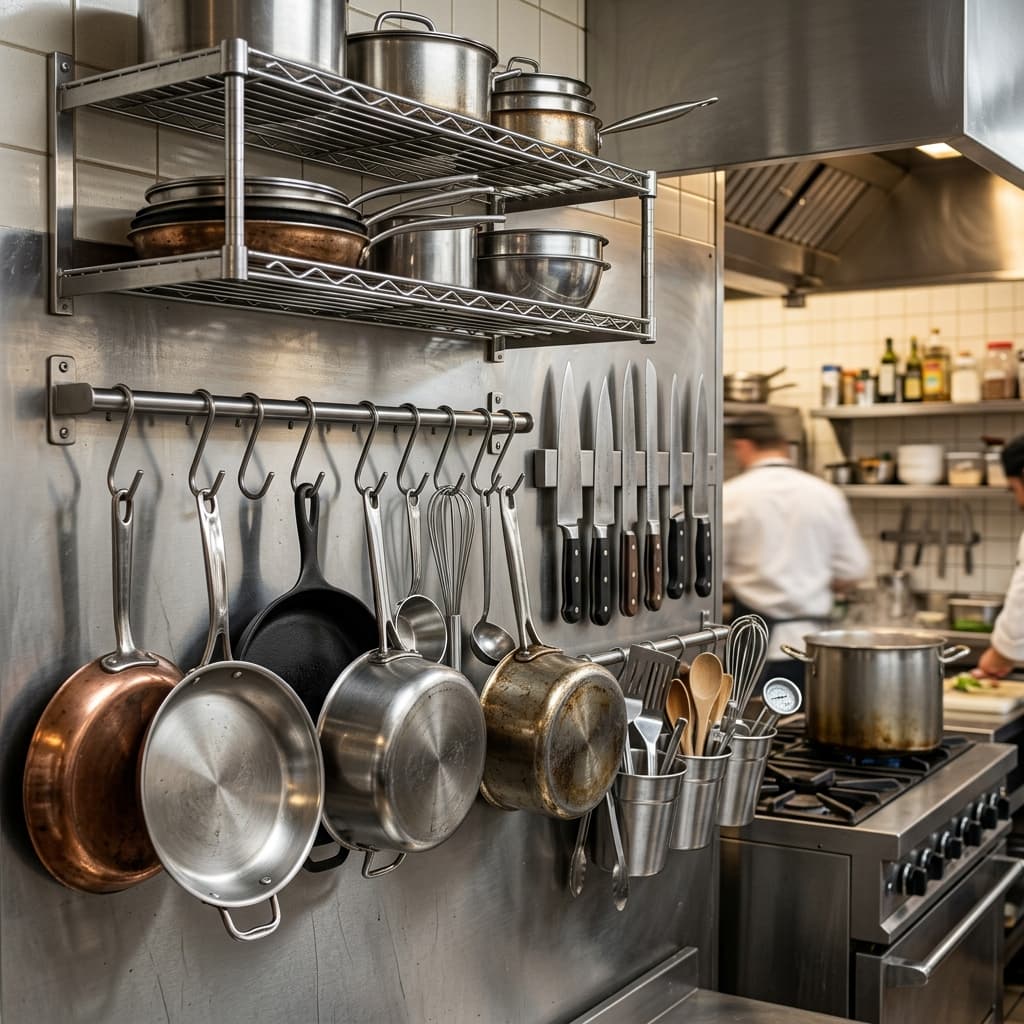 Commercial stainless steel wall shelves and pot racks