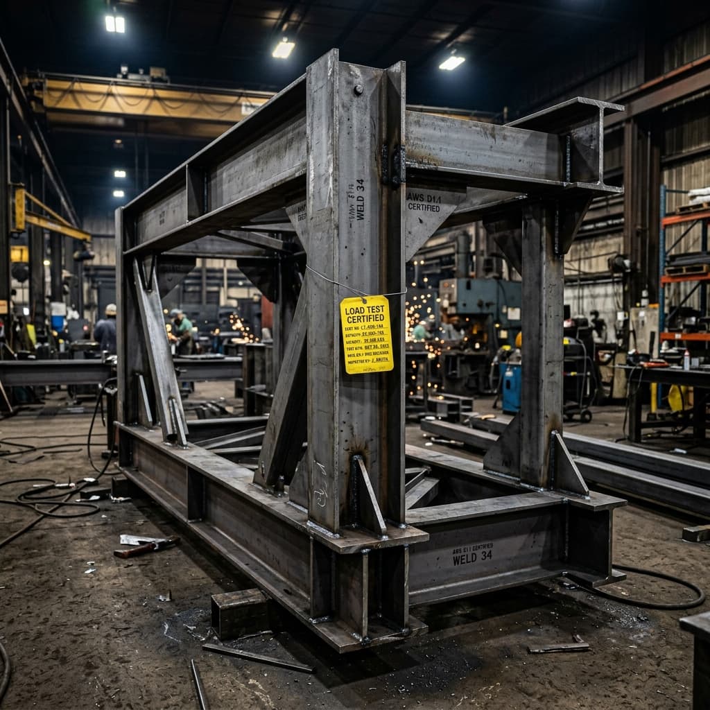 Heavy steel structural frame fabrication in workshop